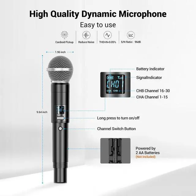 Alt view image 2 of 7 - FDUCE Wireless Microphones,Cordless Dual Handheld Dynamic  Mic System for ,Party,Wedding,Outdoor Events,2x5 UHF Adjustable Channels,200ft