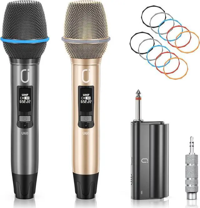 Main image of U60 Wireless Microphones, Dual UHF Microphone System with Rechargeable Receiver, Metal  Microphone for Singing, Wedding, DJ, Party, Speech, Church, Class, 200ft