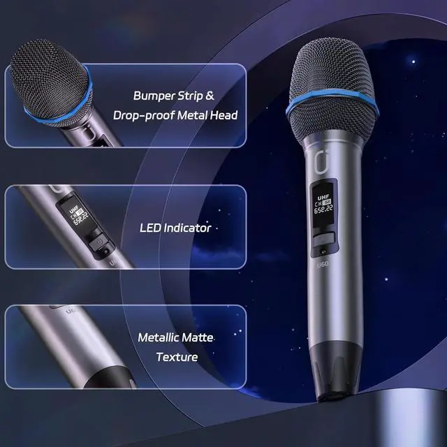 Alt view image 7 of 7 - U60 Wireless Microphones, Dual UHF Microphone System with Rechargeable Receiver, Metal  Microphone for Singing, Wedding, DJ, Party, Speech, Church, Class, 200ft