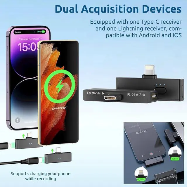 Alt view image 2 of 7 - Wireless Lavalier Microphones AI Noise Reduction Universal for All USB-C (iPhone 15) and Lightning (iPhone 13/X) Devices, Ideal for Video Recording, Vlogging, YouTube, and TikTok, M5 Pro