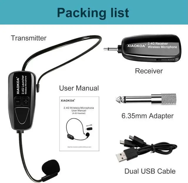 Alt view image 7 of 7 - XIAOKOA 2.4G Wireless Microphone Headset, 50m Stable Transmission, Dual Micro USB Charging, Compatible with PA Systems
