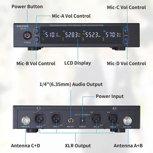 Alt view image 2 of 7 - 4 Channel UHF Wireless Microphone System with Cordless Handheld Mics, 4x50 Adjustable Frequencies, Ideal for  Meeting Church, 300ft Range (4 Handheld)