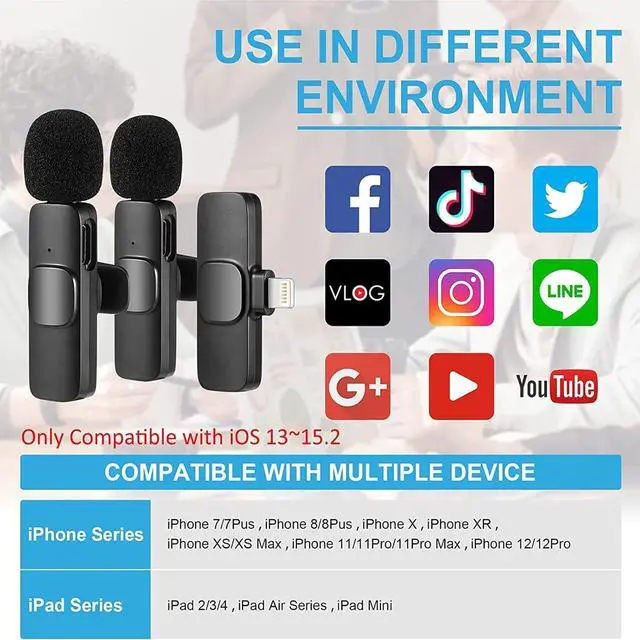 Alt view image 3 of 7 - Wireless Lavalier Microphone for iPhone iPad, Plug-Play Wireless Mic for Recording, Live Stream, YouTube, TikTok, Facebook, Noise Reduction Auto-Sync
