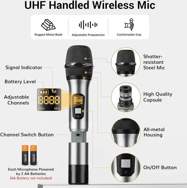 Alt view image 7 of 7 - UHF Wireless Microphones System with Metal Cordless Handheld/Headset/Lavalier Lapel Mics, Bodypack Transmitter, Receiver, 4*10 Channels 295ft Range for Singing  Church Party DJ PA Speaker