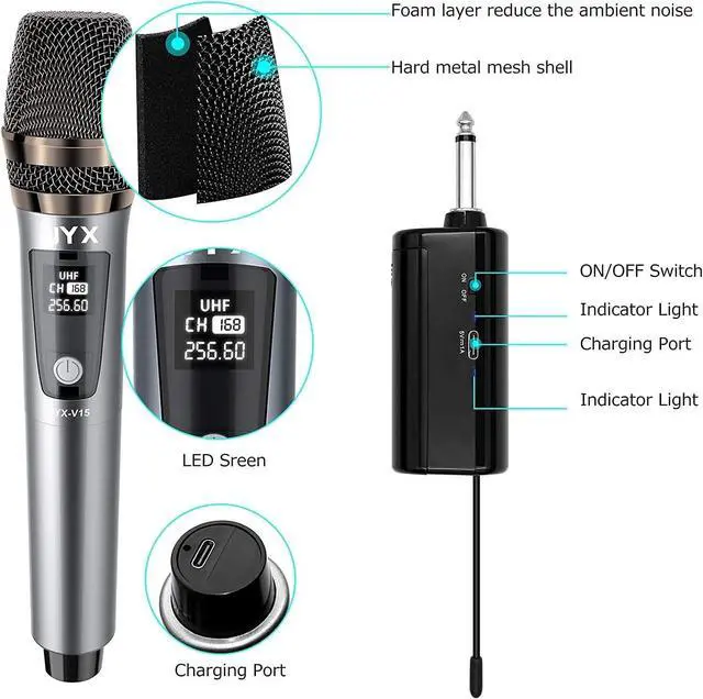 Alt view image 3 of 6 - Wireless Microphone,  UHF Metal Handheld Dynamic Mic System with Rechargeable Receiver 1/4''(6.35mm) Plug, for Amplifier, PA System,  Singing, Wedding, Party, Speech, Church