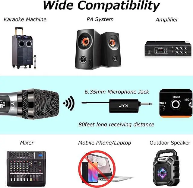Alt view image 6 of 6 - Wireless Microphone,  UHF Metal Handheld Dynamic Mic System with Rechargeable Receiver 1/4''(6.35mm) Plug, for Amplifier, PA System,  Singing, Wedding, Party, Speech, Church