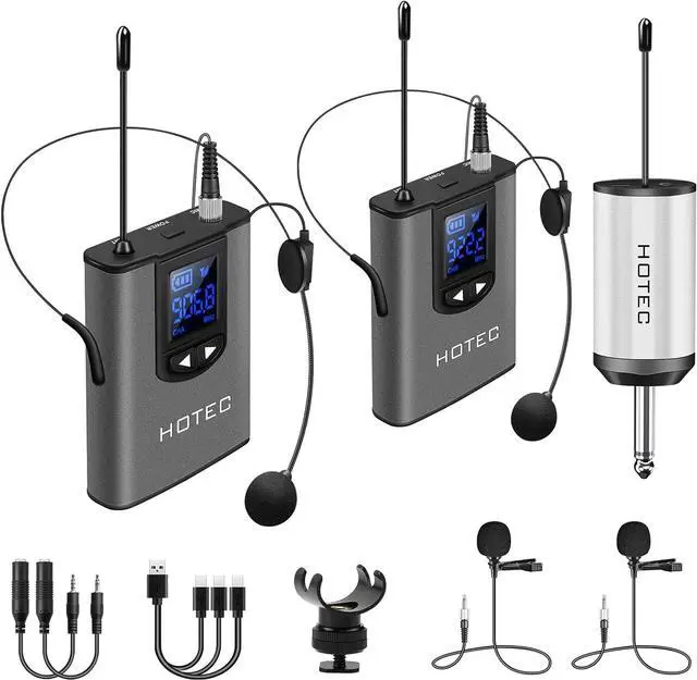Main image of Wireless System with Dual Headset Microphones/Lavalier Lapel Mics and Bodypack Transmitters and One Mini Rechargeable Receiver 1/4" Output, for Live Performances