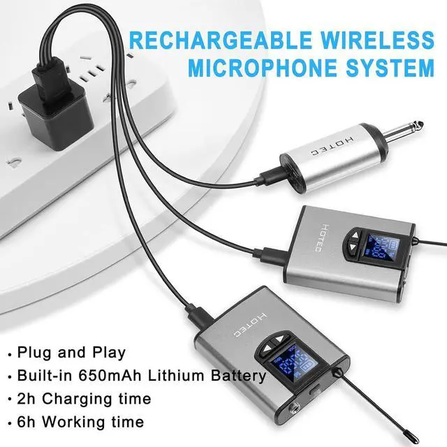 Alt view image 5 of 7 - Wireless System with Dual Headset Microphones/Lavalier Lapel Mics and Bodypack Transmitters and One Mini Rechargeable Receiver 1/4" Output, for Live Performances