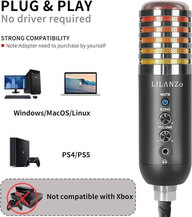 Alt view image 4 of 7 - USB Condenser Microphone for PC PS4, PS5 Streaming Singing Podcast Studio, Computer Cardioid Gaming Mic Kit for Recording YouTube with Boom Arm Stand Pop Filter, Mute Button, Volume, Echo