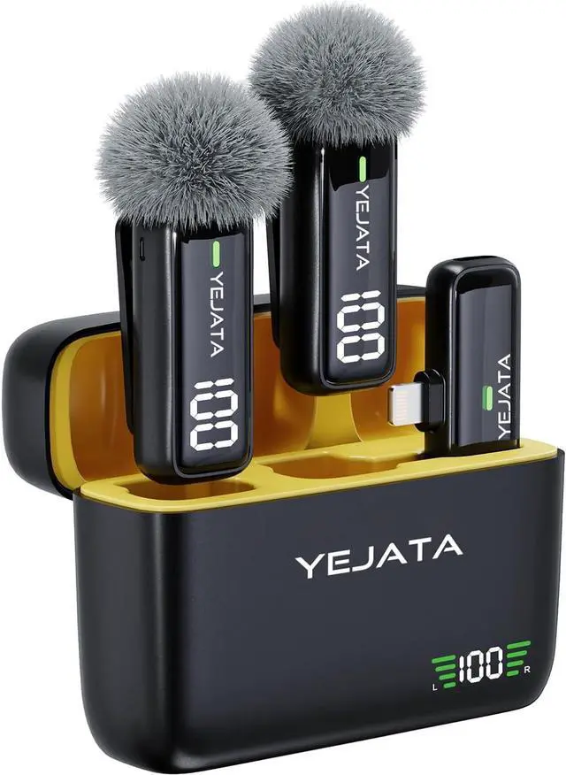 Main image of Wireless Microphone for iPhone iPad with Transmitter Digital Display and 40 hours Charging Case, Clip on Wireless Lavalier Microphone for Video Recording - Set of 2