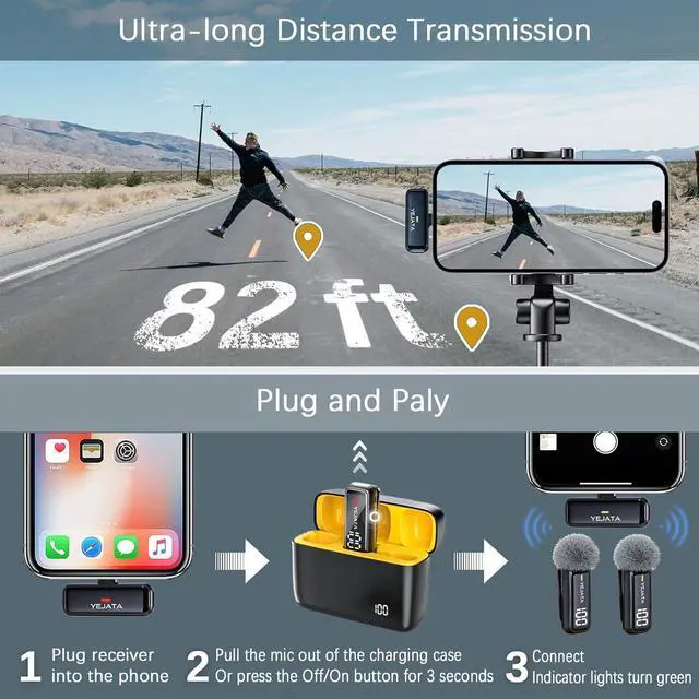 Alt view image 5 of 6 - Wireless Microphone for iPhone iPad with Transmitter Digital Display and 40 hours Charging Case, Clip on Wireless Lavalier Microphone for Video Recording - Set of 2