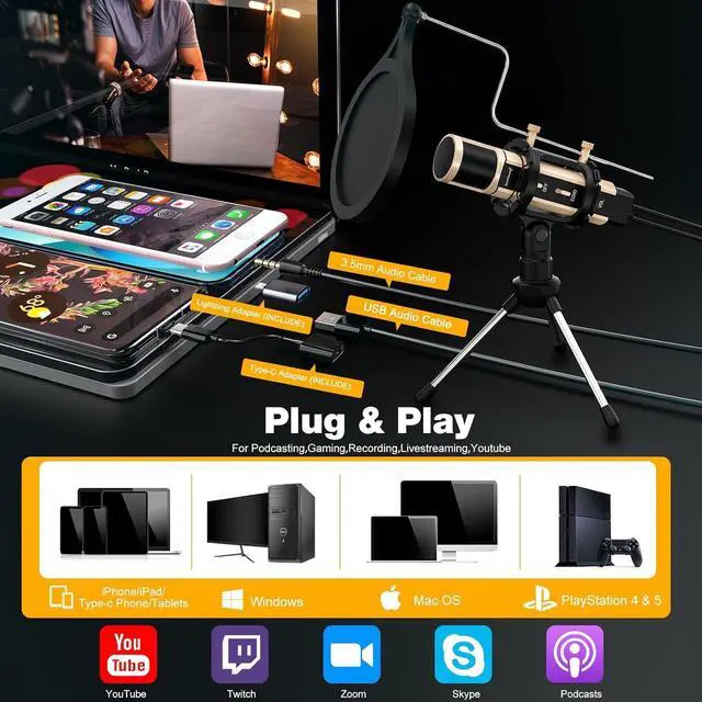 Alt view image 2 of 7 - ZealSound Microphone,USB&3.5mm Mic W/Type-C Adapter for i-Phone Computer phone,Condenser Microphone with Echo Volume,Tripod Stand,Pop Filter,for ASMR Video Recording Streaming Discord Twitch