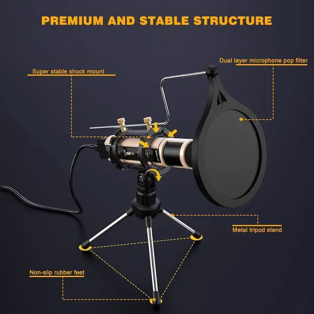 Alt view image 3 of 7 - ZealSound Microphone,USB&3.5mm Mic W/Type-C Adapter for i-Phone Computer phone,Condenser Microphone with Echo Volume,Tripod Stand,Pop Filter,for ASMR Video Recording Streaming Discord Twitch