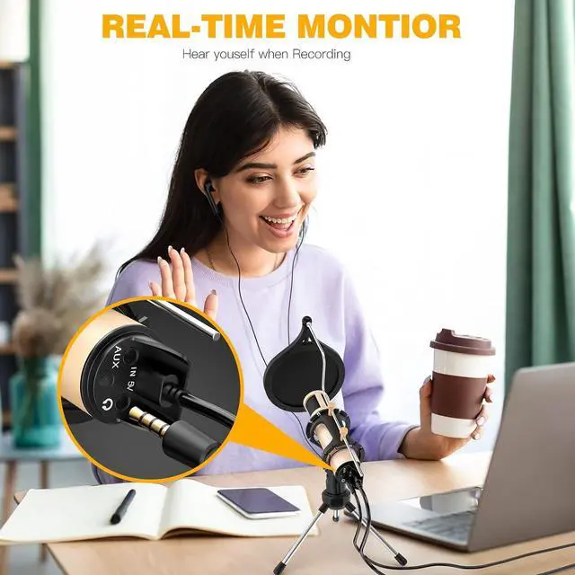 Alt view image 4 of 7 - ZealSound Microphone,USB&3.5mm Mic W/Type-C Adapter for i-Phone Computer phone,Condenser Microphone with Echo Volume,Tripod Stand,Pop Filter,for ASMR Video Recording Streaming Discord Twitch
