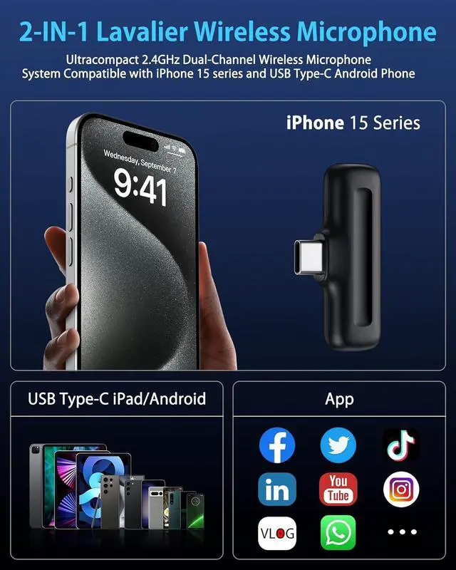 Alt view image 7 of 7 - 2Pcs Mini Wireless Microphone USB C Lavalier Mic for iPhone 15 Series, Lapel Type C Microfono Para Android Phone with Charging Case 48H Lav Mics Plug and Play for Video Recording Vlog Podcast YouTube