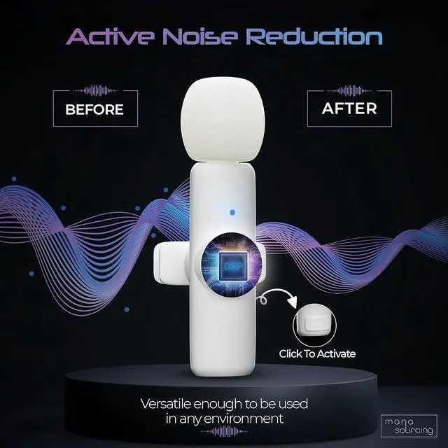 Alt view image 2 of 6 - MANA Wireless Lavalier Microphone with Active Noise Reduction, Wireless Microphone for iPhone, Lapel Clip On Wireless Mic for Content Creator, Wireless Mini Microphone for Lightning Port  White