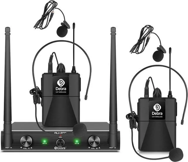 Main image of D Debra Audio AU200 Pro UHF 2 Channel Wireless Microphone System with Cordless Handheld Lavalier Headset Mics, Metal Receiver, for  Church Party (2 Bodypack)