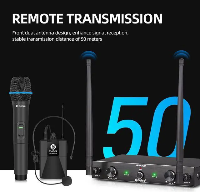 Alt view image 3 of 7 - D Debra Audio AU200 Pro UHF 2 Channel Wireless Microphone System with Cordless Handheld Lavalier Headset Mics, Metal Receiver, for  Church Party (2 Bodypack)
