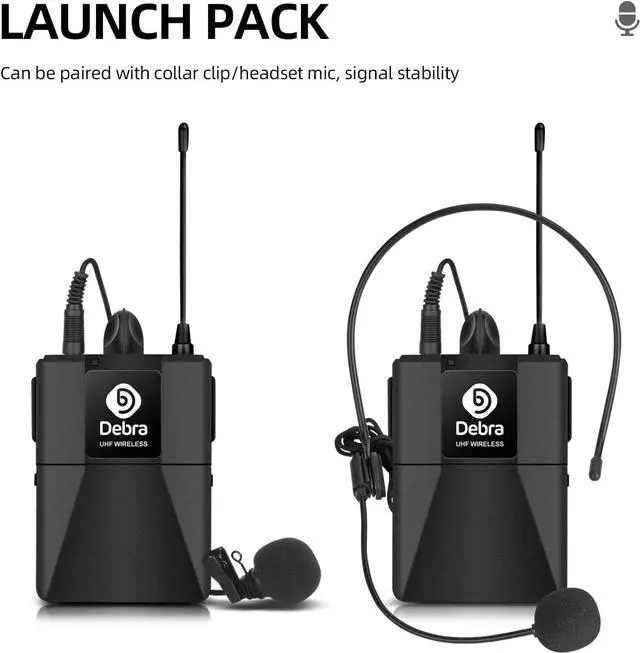 Alt view image 4 of 7 - D Debra Audio AU200 Pro UHF 2 Channel Wireless Microphone System with Cordless Handheld Lavalier Headset Mics, Metal Receiver, for  Church Party (2 Bodypack)