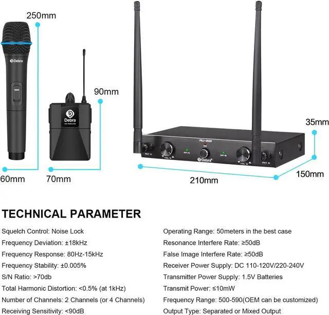 Alt view image 7 of 7 - D Debra Audio AU200 Pro UHF 2 Channel Wireless Microphone System with Cordless Handheld Lavalier Headset Mics, Metal Receiver, for  Church Party (2 Bodypack)