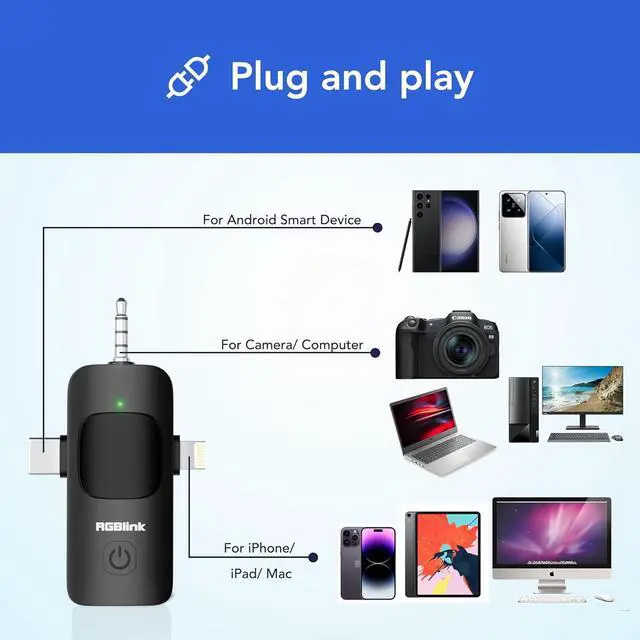 Alt view image 2 of 7 - RGBlink Wireless Lavalier Microphone 3 in 1 Mini Microphone Cordless Lapel Mic, Plug & Play mic for iPhone, iPad, Android, DSLR Camera and Laptop Recording, Live Streaming, YouTube, TikTok, Interview