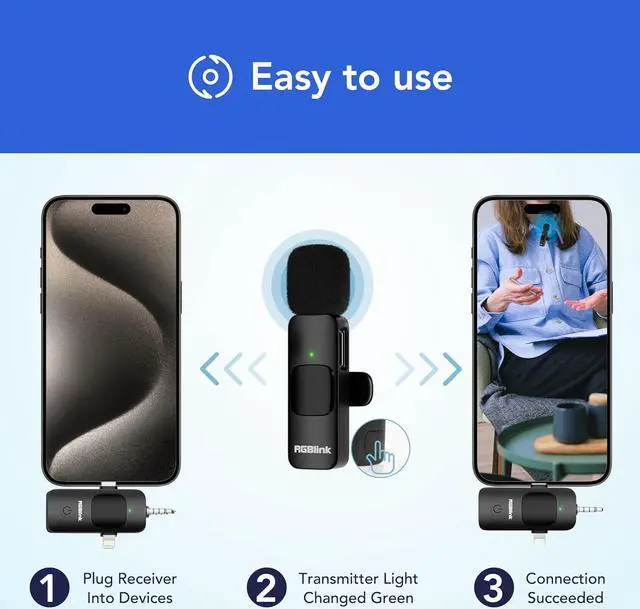 Alt view image 3 of 7 - RGBlink Wireless Lavalier Microphone 3 in 1 Mini Microphone Cordless Lapel Mic, Plug & Play mic for iPhone, iPad, Android, DSLR Camera and Laptop Recording, Live Streaming, YouTube, TikTok, Interview