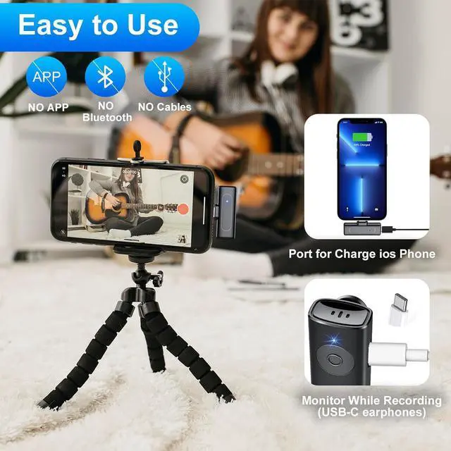 Alt view image 6 of 7 - 2 Pack Wireless Lavalier Microphone for iOS Phone/Pad, Lapel Clip-on Noise Cancelling Lapel Mic, Cordless Omnidirectional Condenser Recording Mic with LED Display for Recording YouTube Blue