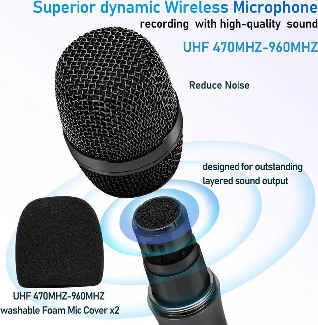 Alt view image 2 of 7 - Wireless Microphone Karaoke System with Rechargeable Bluetooth Receiver,Professional Handheld Dynamic Cordless Microphone,UHF 200 FT Range,6.5mm/3.5mm Output, for Singing Karaoke Speech