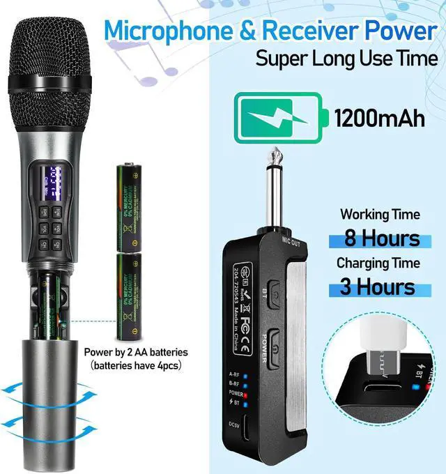 Alt view image 4 of 7 - Wireless Microphone Karaoke System with Rechargeable Bluetooth Receiver,Professional Handheld Dynamic Cordless Microphone,UHF 200 FT Range,6.5mm/3.5mm Output, for Singing Karaoke Speech