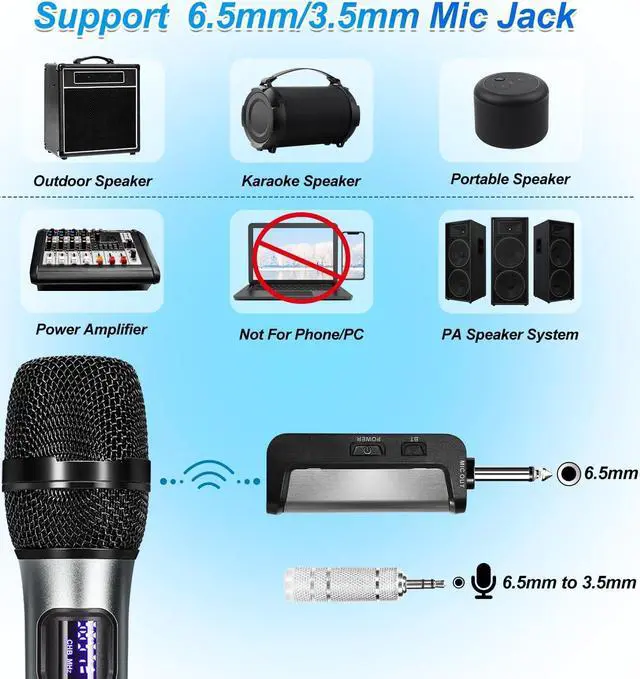 Alt view image 6 of 7 - Wireless Microphone Karaoke System with Rechargeable Bluetooth Receiver,Professional Handheld Dynamic Cordless Microphone,UHF 200 FT Range,6.5mm/3.5mm Output, for Singing Karaoke Speech