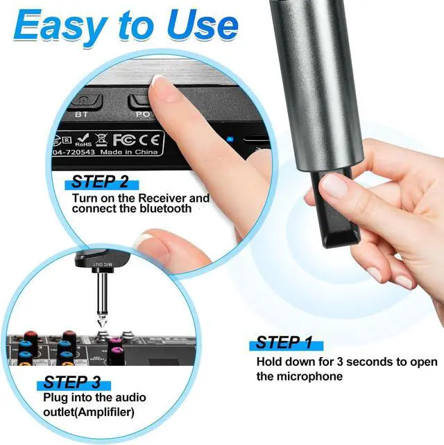 Alt view image 7 of 7 - Wireless Microphone Karaoke System with Rechargeable Bluetooth Receiver,Professional Handheld Dynamic Cordless Microphone,UHF 200 FT Range,6.5mm/3.5mm Output, for Singing Karaoke Speech
