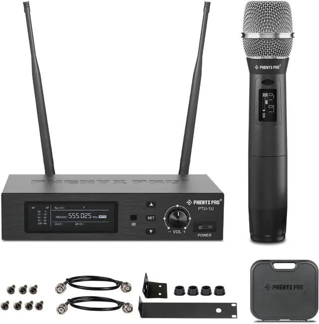 Main image of Phenyx Pro True Diversity Wireless Microphone System w/ 1000 Tunable Channels, Single Cordless Microphone Set w/Auto Scan, UHF Professional Dynamic Microphone for Singing, Stage & Studio (PTU-1U)