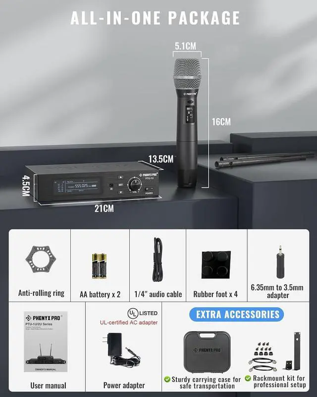 Alt view image 6 of 7 - Phenyx Pro True Diversity Wireless Microphone System w/ 1000 Tunable Channels, Single Cordless Microphone Set w/Auto Scan, UHF Professional Dynamic Microphone for Singing, Stage & Studio (PTU-1U)