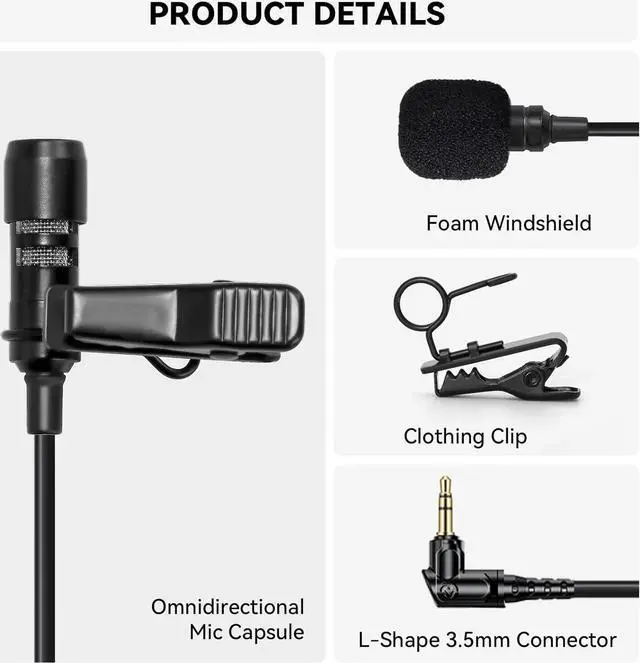 Alt view image 2 of 6 - Hollyland External Clip On Lavalier Microphone with 3.5mm Audio Jack, Compatible with Lark Max Microphone System-Black, (1 Pack)