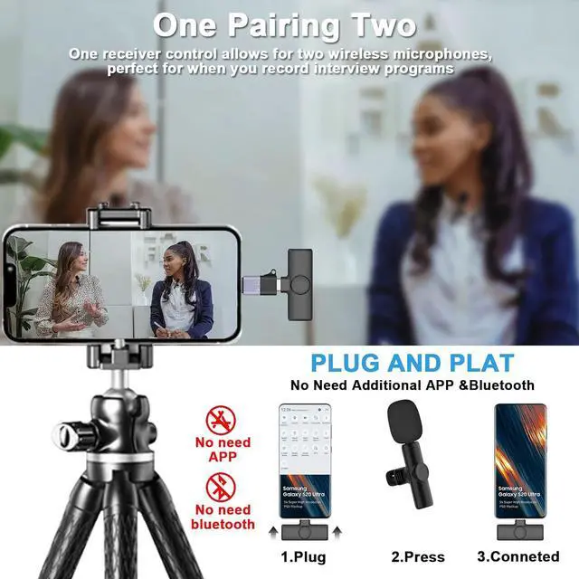Alt view image 2 of 7 - Wireless Lavalier Lapel Microphone for iPhone/iPad/Android/Laptop, Type-C Port Mini Recording Mic for Video Recording, Interview, TikTok, YouTube, Vlog, Plug and Play, Noise Reduction (Set of 2)