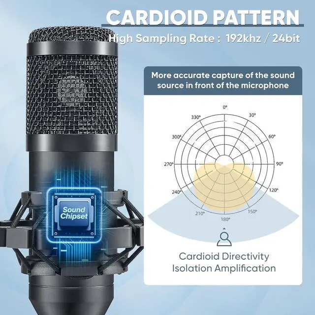 Alt view image 6 of 7 - USB Microphone, Professional 192kHz/24Bit Plug & Play PC Computer Condenser Cardioid Mic Kit with Sound Advanced Chipset, for Streaming, Podcast, Studio Recording and Games