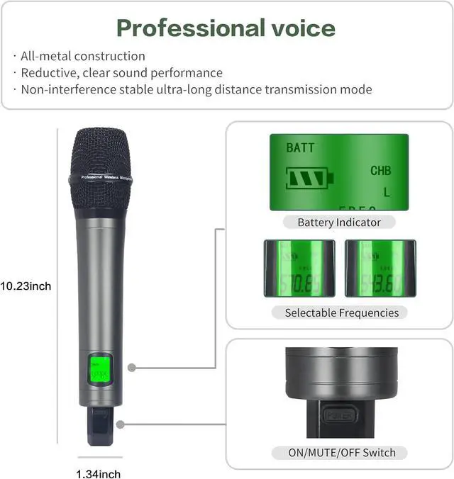 Alt view image 4 of 7 - Profession Wireless Microphone System, UHF Handheld Dual Cordless Mic True Diversity Metal Microphones Set, 700ft Range, 2x100 Channels, Auto Scan, Mics for Stage/Studio/Singing/Church