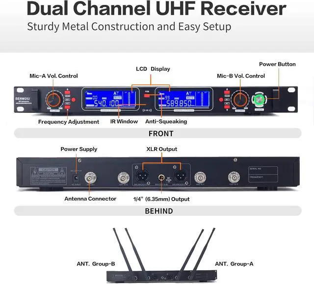 Alt view image 5 of 7 - Profession Wireless Microphone System, UHF Handheld Dual Cordless Mic True Diversity Metal Microphones Set, 700ft Range, 2x100 Channels, Auto Scan, Mics for Stage/Studio/Singing/Church