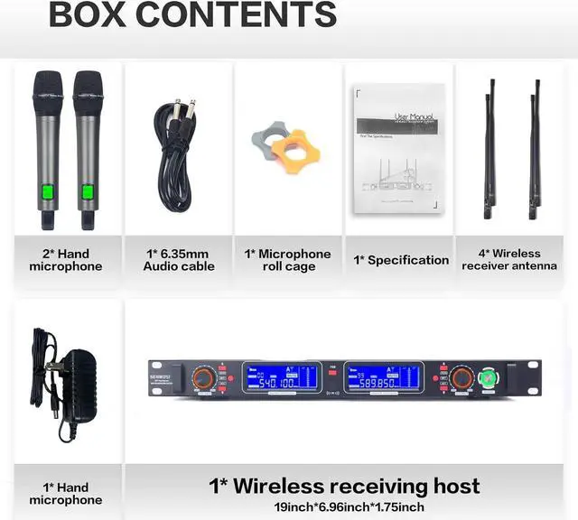 Alt view image 7 of 7 - Profession Wireless Microphone System, UHF Handheld Dual Cordless Mic True Diversity Metal Microphones Set, 700ft Range, 2x100 Channels, Auto Scan, Mics for Stage/Studio/Singing/Church