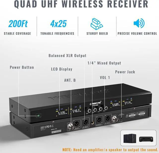 Alt view image 2 of 6 - Phenyx Pro Wireless Microphone System, Metal Wireless Mic Set with 4 Cordless Mics, 4x25 UHF Adjustable Frequencies, 200ft Range, Dynamic Microphones for Singing, , Church, DJ (PTU-5200-4H)