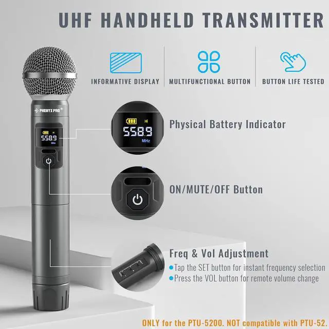 Alt view image 3 of 6 - Phenyx Pro Wireless Microphone System, Metal Wireless Mic Set with 4 Cordless Mics, 4x25 UHF Adjustable Frequencies, 200ft Range, Dynamic Microphones for Singing, , Church, DJ (PTU-5200-4H)