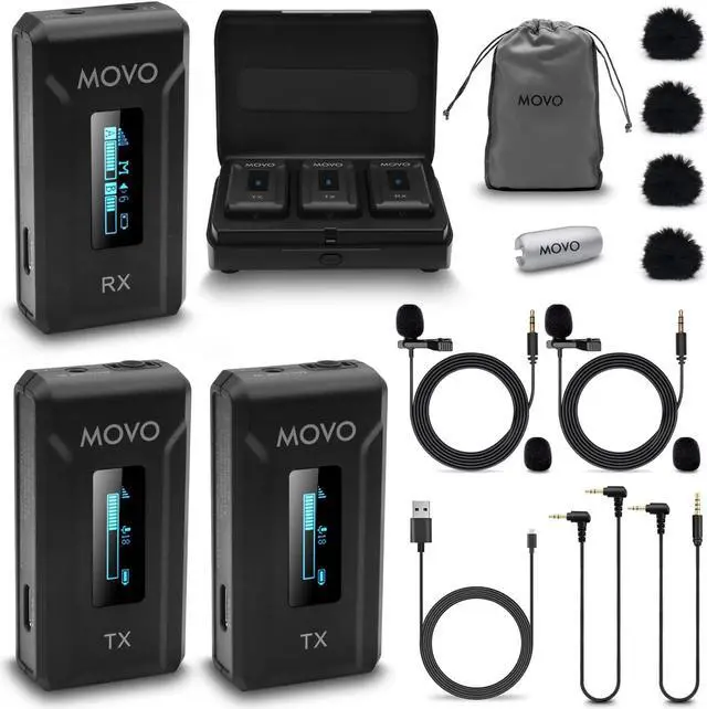 Main image of Movo WMX-2-DUO Wireless Lavalier Microphone Lapel Mic with Charging Case - Lav Mic, Wireless Lapel Microphone 2.4GHz Wireless Microphones for Camera, Lapel Mic Wireless for Vlogging, DSLR, Computer