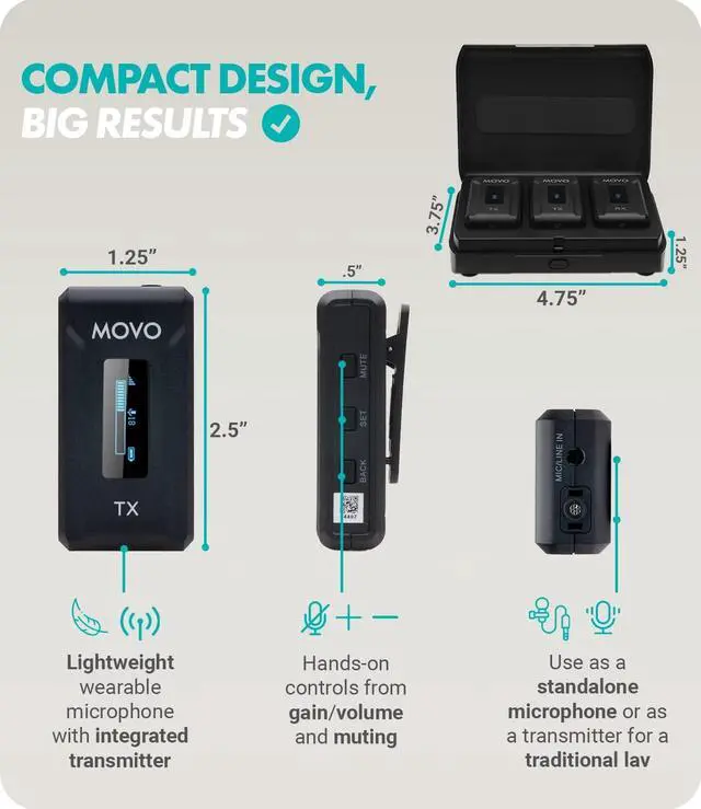 Alt view image 3 of 7 - Movo WMX-2-DUO Wireless Lavalier Microphone Lapel Mic with Charging Case - Lav Mic, Wireless Lapel Microphone 2.4GHz Wireless Microphones for Camera, Lapel Mic Wireless for Vlogging, DSLR, Computer