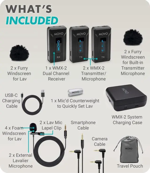 Alt view image 7 of 7 - Movo WMX-2-DUO Wireless Lavalier Microphone Lapel Mic with Charging Case - Lav Mic, Wireless Lapel Microphone 2.4GHz Wireless Microphones for Camera, Lapel Mic Wireless for Vlogging, DSLR, Computer