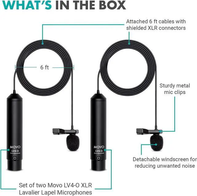 Alt view image 3 of 7 - Movo LV4-O2 XLR Phantom Power Omnidirectional Lavalier Microphone Set, with Lapel Mic Clips and Windscreens - Perfect Lapel Microphone for Video Recording, Podcast, Interview, YouTube Production