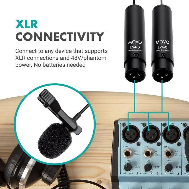 Alt view image 5 of 7 - Movo LV4-O2 XLR Phantom Power Omnidirectional Lavalier Microphone Set, with Lapel Mic Clips and Windscreens - Perfect Lapel Microphone for Video Recording, Podcast, Interview, YouTube Production