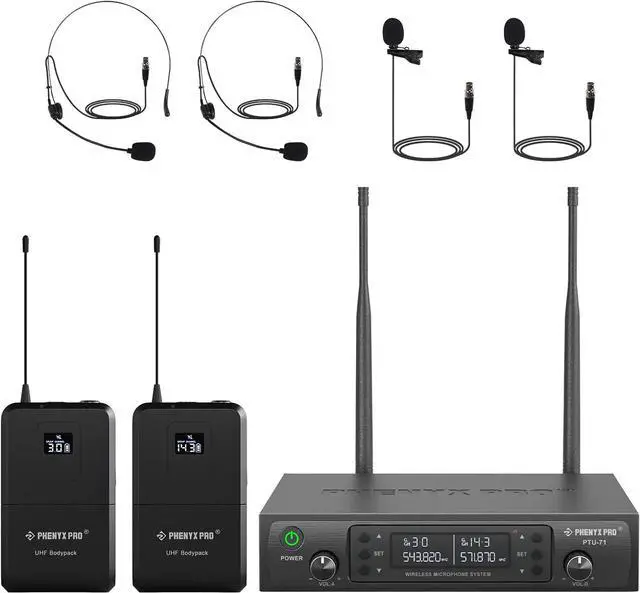 Main image of Dual UHF Wireless Microphone SystemAuto-Scan Cordless Mic Set w/ 2x100 Frequencies, 2 Bodypacks & Headsets/Lapel Microphones for Speaking, Singing, Church, DJ (PTU-71-2B)