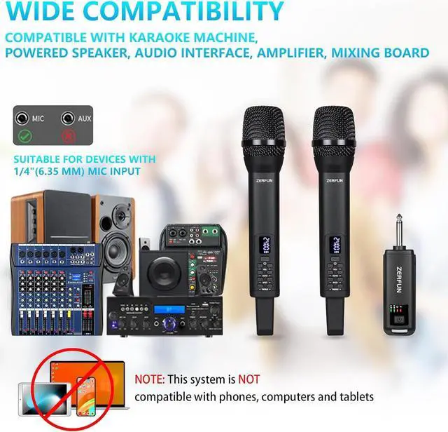 Alt view image 2 of 7 - Dual Rechargeable Wireless Microphones, Pro Handheld Cordless Mics System with ECHO Treble BASS VOL Control for  Singing Church Party, 1/4'' Output, Black