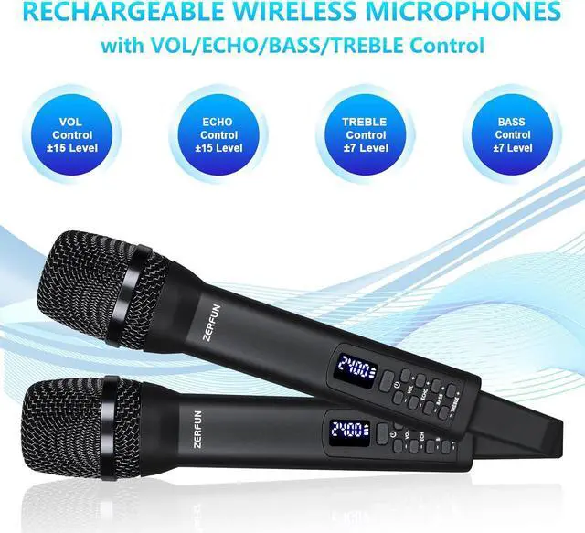 Alt view image 4 of 7 - Dual Rechargeable Wireless Microphones, Pro Handheld Cordless Mics System with ECHO Treble BASS VOL Control for  Singing Church Party, 1/4'' Output, Black