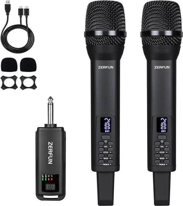 Main image of Dual Rechargeable Wireless Microphones, Pro Handheld Cordless Mics System with ECHO Treble BASS VOL Control for  Singing Church Party, 1/4'' Output, Black